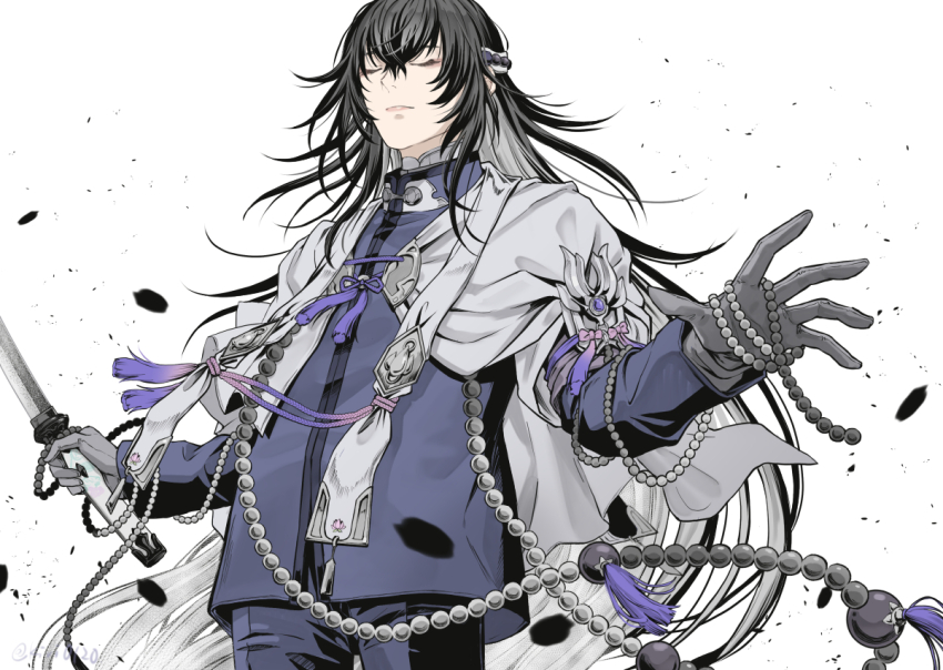 1boy beads black_gloves black_hair blue_pants blue_shirt cape closed_eyes collared_shirt commentary_request cowboy_shot debris gloves hair_between_eyes holding holding_sword holding_weapon juzumaru_tsunetsugu katana long_sleeves male_focus mint_(kiri0120) multicolored_hair outstretched_arms pants parted_lips shirt side_cape solo standing sword tassel touken_ranbu weapon white_background white_cape white_hair zipper