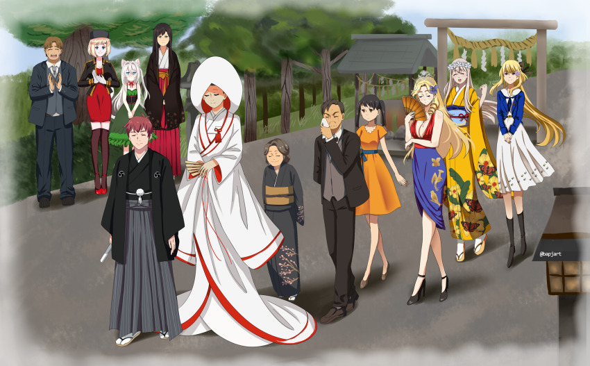 3boys 6+girls adapted_costume akagi_(azur_lane) akagi_(azur_lane)_(cosplay) akagi_(kancolle) alternate_costume alternate_height anchor_necklace animal_ears arms_behind_back azur_lane beta_(joutarou) black_footwear black_hakama black_jacket black_kimono black_ribbon blonde_hair blue_dress blue_eyes blush breasts brown_eyes brown_hair cat_ears choker clapping cleavage closed_eyes commentary cosplay crossover crying dress english_commentary family flower folding_fan furisode gloves green_dress grey_hair hair_flower hair_intakes hair_ornament hair_ribbon hakama hakama_short_skirt hakama_skirt hammann_(azur_lane) hand_fan handkerchief haori hat height_difference highres jacket japanese_clothes jewelry kantai_collection kimi_no_na_wa. kimono large_breasts long_sleeves missouri_(pacific) miyamizu_hitoha miyamizu_mitsuha miyamizu_toshiki miyamizu_yotsuha mole mole_under_eye multiple_boys multiple_crossover multiple_girls necklace new_jersey_(pacific) orange_dress over-kneehighs pacific_(kancolle) purple_eyes red_choker red_dress red_footwear red_hakama ribbon short_hair skirt sleeveless sleeveless_dress smile takagi_shinta tearing_up tears teeth thighhighs tiara torii tree twintails twitter_username uchikake warship_girls_r wedding white_gloves white_hair white_kimono wiping_tears wisconsin_(pacific) yellow_kimono yorktown_(warship_girls_r)