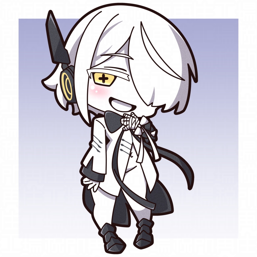1girl :d absurdres black_bow black_footwear blue_archive blue_background bow chibi colored_eyelashes colored_skin commentary_request cross-shaped_pupils full_body groin hair_over_one_eye highres jacket long_sleeves navel open_mouth saishosaisekojo sleeves_past_wrists smile sof_(blue_archive) solo standing symbol-shaped_pupils white_hair white_jacket white_skin yellow_eyes