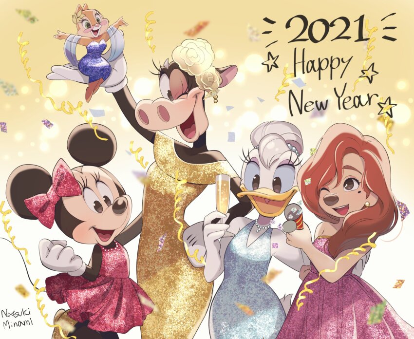 2021 5girls a_goofy_movie alternate_costume animal_ears bow clarabelle_cow clarice_(disney) daisy_duck disney dress duck_girl gloves hair_bow happy_new_year highres looking_at_viewer mickey_mouse_&amp;_friends minnie_mouse mouse_ears mouse_girl multiple_girls natsuki_nori new_year open_mouth roxanne_(a_goofy_movie) smile white_gloves