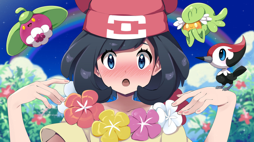 1girl :o beanie bird black_hair blue_eyes blush bounsweet comfey commentary_request creatures_(company) day eyelashes flower game_freak gen_7_pokemon hands_up hat highres medium_hair nail_polish nashirasauce nintendo open_mouth outdoors pikipek pink_nails pokemon pokemon_(creature) pokemon_sm rainbow red_headwear selene_(pokemon) shirt short_sleeves sky t-shirt watermark yellow_shirt