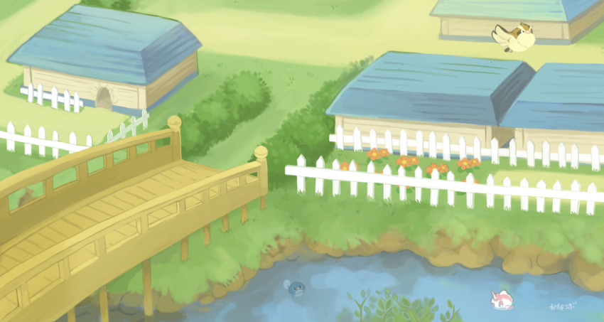 bridge bush cerulean_city commentary_request fence flower game_freak gen_1_pokemon goldeen house konanbo nintendo no_humans orange_flower outdoors path picket_fence pidgey pokemon pokemon_(creature) pokemon_frlg poliwag river road scenery wooden_fence
