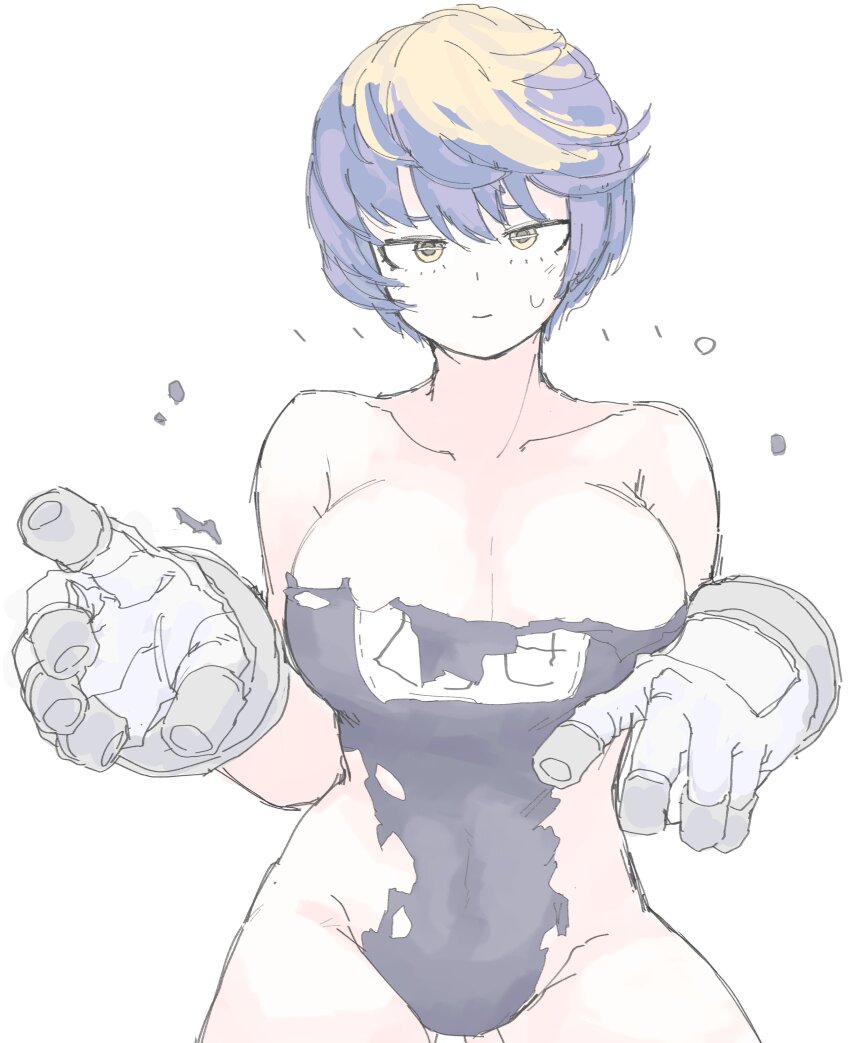 1girl absurdres boku_no_hero_academia breasts cleavage dissolving_clothes gloves highres large_breasts mocamocaink name_tag school_swimsuit short_hair swimsuit thirteen_(boku_no_hero_academia)