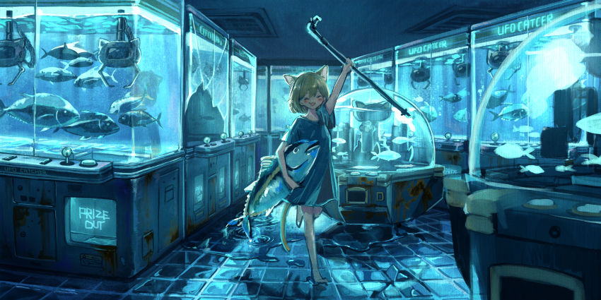 1girl absurdres animal animal_ears arcade_cabinet arm_up blonde_hair blue_background blue_dress broken_glass cat_ears cat_girl cat_tail commentary_request dress fish fish_tank full_body glass highres holding holding_animal holding_fish holding_lead_pipe indoors lead_pipe marutani original puddle short_hair solo standing standing_on_one_leg tail tile_floor tiles water
