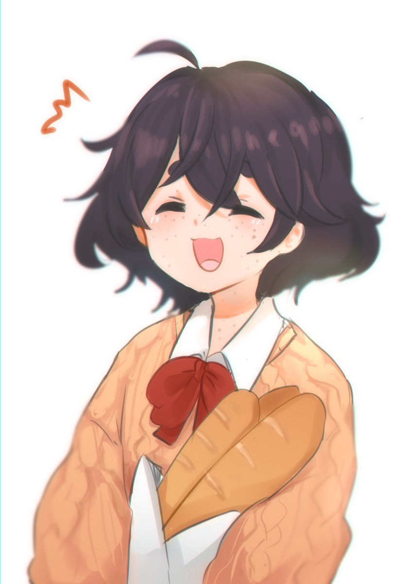 1girl :d ^^^ ^_^ absurdres ahoge baguette black_hair sophie_(popopoka) borrowed_character bow bowtie bread brown_sweater closed_eyes collared_shirt commentary facing_viewer food freckles grey_background hair_between_eyes highres holding holding_food long_sleeves neqo_(neneneqo) open_mouth original red_bow red_bowtie shirt short_hair simple_background smile solo sweater symbol-only_commentary upper_body