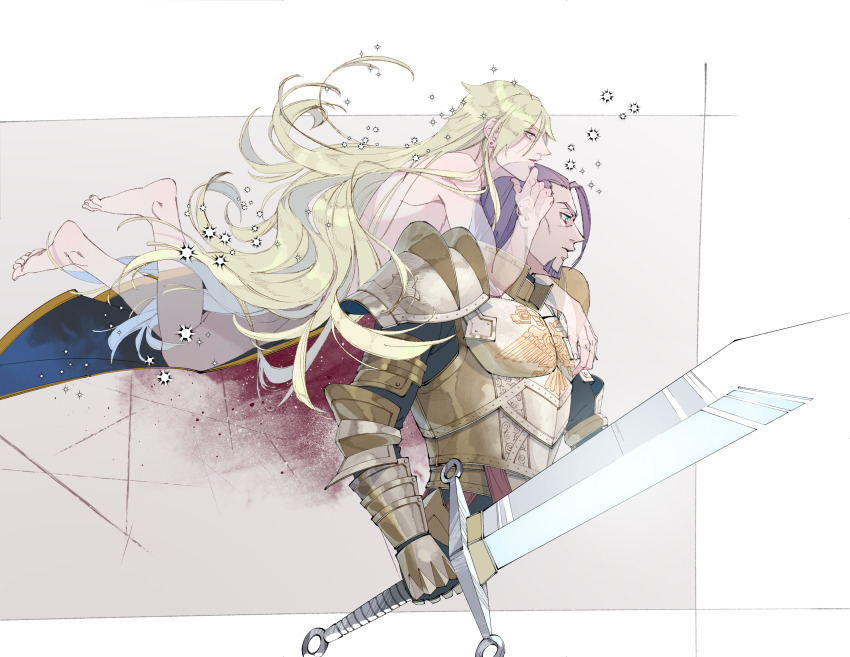2boys absurdres aqua_eyes armor barefoot black_cape blonde_hair cape commentary_request couple dragon_quest dragon_quest_xi earrings facial_hair floating ghost gold_armor greig_(dq11) hair_slicked_back highres holding holding_sword holding_weapon homeros_(dq11) implied_nudity jewelry jklo932 knight long_hair male_focus multiple_boys official_alternate_costume pauldrons profile purple_facial_hair purple_hair red_cape rerebrace shoulder_armor single_bang spoilers stud_earrings sword two-sided_cape two-sided_fabric weapon white_background yaoi yellow_eyes