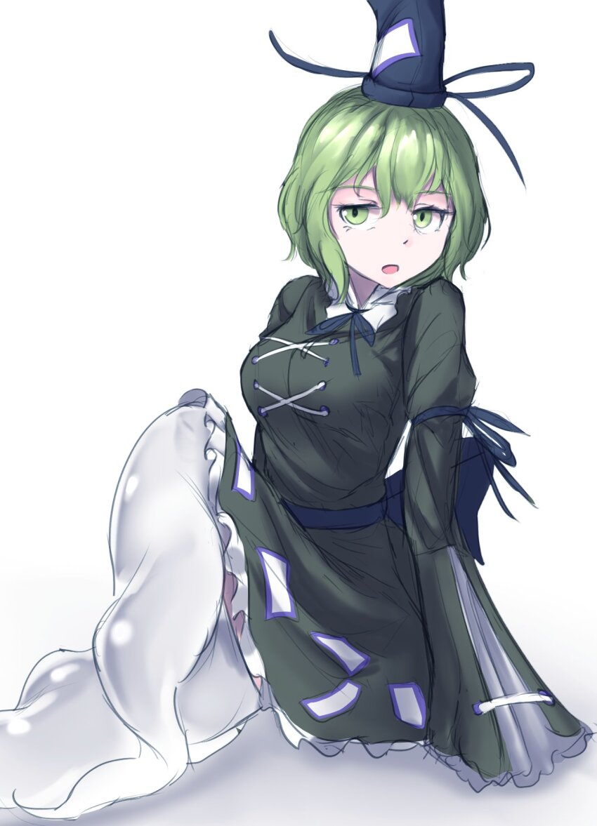 1girl black_hat breasts commentary cross-laced_clothes dress full_body ghost_tail green_dress green_eyes green_hair hashtag-only_commentary hat highres long_sleeves looking_at_viewer medium_breasts ofuda ofuda_on_clothes open_mouth pygrenix sitting soga_no_tojiko solo touhou