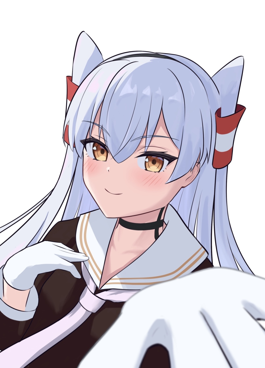 1girl absurdres amatsukaze_(kancolle) amatsukaze_kai_ni_(kancolle) brown_dress brown_eyes dress foreshortening gloves grey_hair hand_on_own_chest highres kantai_collection l_meet long_hair looking_at_viewer neckerchief sailor_collar simple_background solo upper_body white_background white_gloves white_neckerchief white_sailor_collar