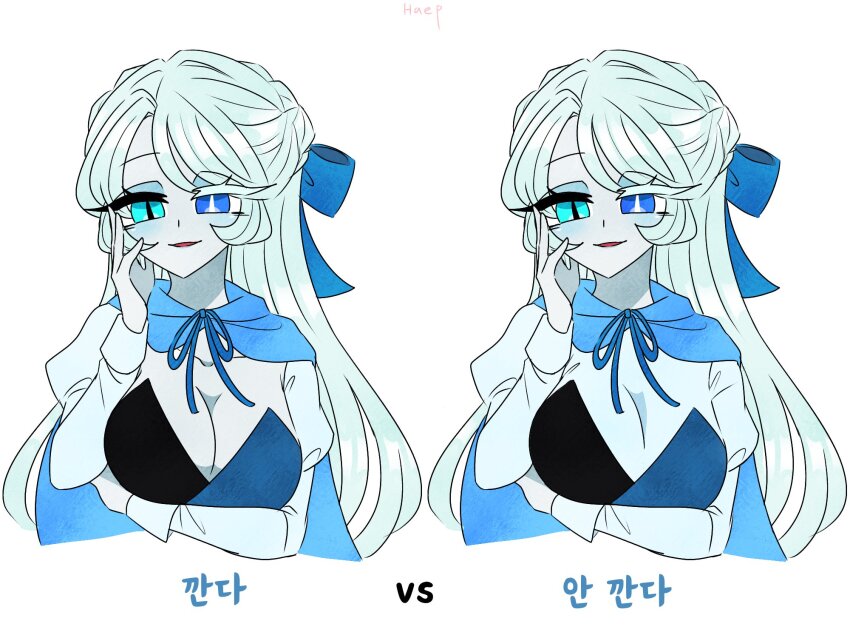 1girl basket blue_eyes breasts cloak cookie_run cookie_run:_kingdom flower_basket haep0510 heterochromia highres holding holding_basket hood hooded_cloak humanization korean_text long_hair looking_at_viewer shadow_milk_cookie shadow_milk_cookie_(female) smile solo translation_request white_background white_hair