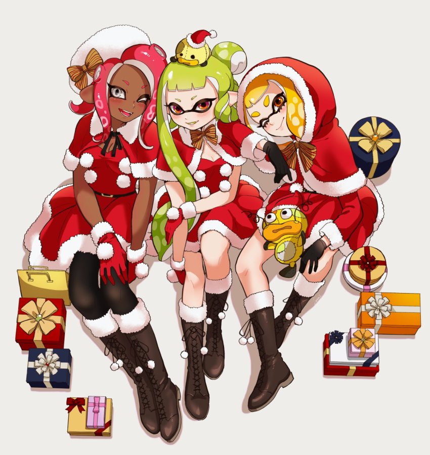 3girls black_footwear black_gloves black_legwear blonde_hair blunt_bangs boots capelet christmas closed_mouth colored_tongue commentary commentary_request dark-skinned_female dark_skin dress fang fur-trimmed_capelet fur-trimmed_dress fur_trim gift gloves green_hair green_tongue grey_background grey_eyes hair_bun hand_on_own_arm hand_on_own_knee head_tilt highres hood hood_up hooded_capelet inkling inkling_girl inkling_player_character lace-up_boots leaning_on_person long_hair looking_at_viewer medium_hair multiple_girls nintendo octoling octoling_girl octoling_player_character one_eye_closed open_mouth orange_eyes pantyhose pointy_ears red_capelet red_dress red_eyes red_gloves red_hair santa_boots santa_costume santa_dress santa_gloves shadow short_dress short_hair side-by-side simple_background single_hair_bun sitting smile splatoon_(series) stuffed_toy suction_cups symbol-only_commentary tentacle_hair textless_version yeneny