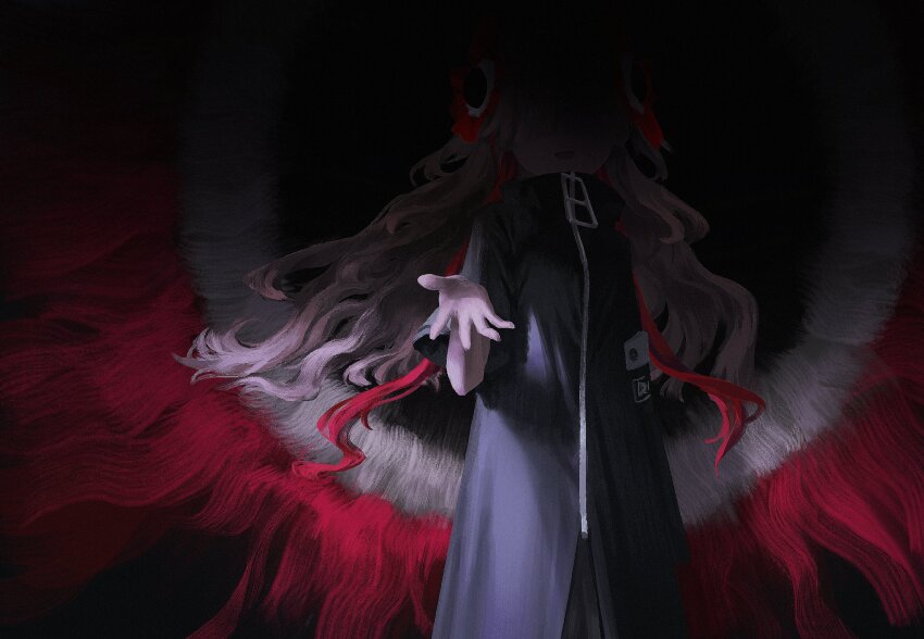 1girl anemone_(flower) black_coat coat facing_viewer flower fractur9d_luna grey_hair hair_flower hair_ornament highres isekaijoucho kamitsubaki_studio long_hair multicolored_hair open_mouth outstretched_arm red_hair shaded_face smile solo two-tone_hair