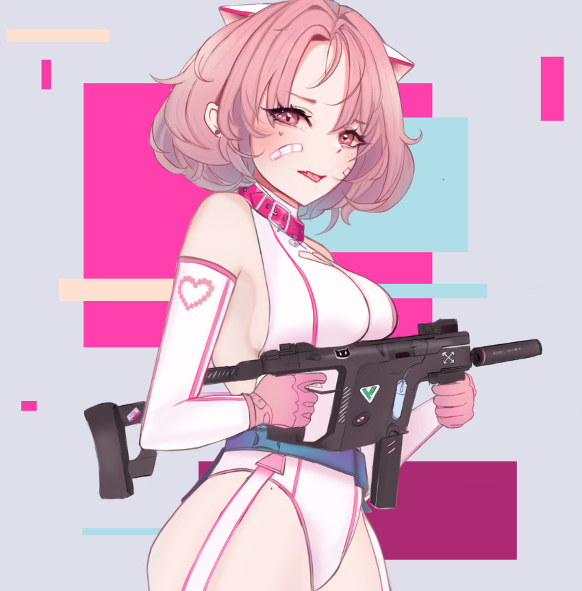 1girl breasts collar elbow_gloves garter_straps gloves gun highres idolmaster idolmaster_cinderella_girls kriss_usa kriss_vector leotard magpul neokotyo pink_eyes pink_hair self-upload short_hair simple_background solo submachine_gun suppressor transformational_defense_industries weapon yumemi_riamu