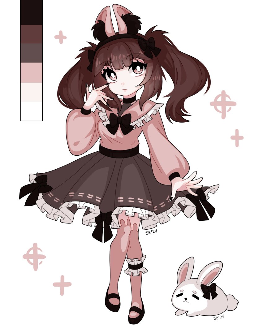 1girl absurdres animal_ear_legwear animal_ears black_bow black_choker black_hairband black_nails black_shoes bow bow_skirt bright_pupils brown_eyes brown_hair brown_skirt brown_thighhighs choker closed_mouth color_guide commentary english_commentary fake_animal_ears frilled_shirt_collar frilled_skirt frilled_thigh_strap frills full_body hair_bow hairband highres jirai_kei long_hair looking_to_the_side mary_janes original pink_shirt rabbit rabbit_ear_legwear rabbit_ears shirt shirt_tucked_in shoes simple_background skirt solo sparkle standing sylvenpsd thick_eyebrows thigh_strap thighhighs twintails white_background white_pupils white_rabbit_(animal)