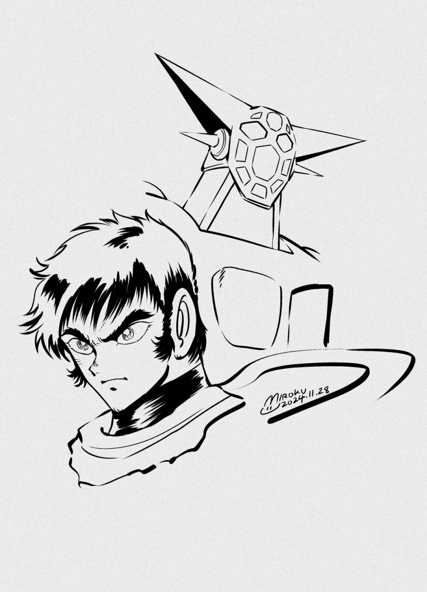 1boy 2024 dated frown getter-1 getter_robo getter_robo_(classic) greyscale head_spikes highres ishikawa_ken_(style) male_focus mecha mecha_focus miroku_(miroku_t) monochrome nagare_ryoma official_style portrait robot scarf short_hair sideburns super_robot thick_eyebrows
