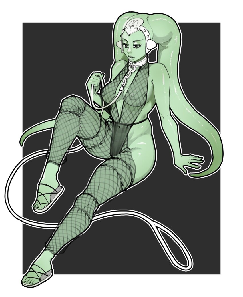 1girl alien breasts chain chain_leash cleavage collar colored_skin covered_navel curvy full_body green_skin highres indoors large_breasts leash lekku_(anatomy) looking_at_viewer lying navel nipples no_humans on_side oola purple_lips revealing_clothes scribblesquab simple_background sitting slave solo star_wars thong tiptoes trapped twi&#039;lek wide_hips