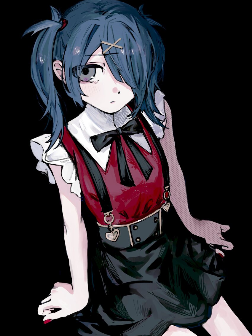1girl absurdres ame-chan_(needy_girl_overdose) black_background black_hair black_ribbon black_skirt closed_mouth collared_shirt cowboy_shot dot_nose expressionless grey_eyes hair_ornament hair_over_one_eye hair_tie hand_rest hands_on_floor heart_pendant high-waist_skirt highres neck_ribbon needy_girl_overdose parted_bangs red_nails red_shirt ribbon sashimisu shirt simple_background single_tear sitting skirt solo suspender_skirt suspenders twintails x_hair_ornament