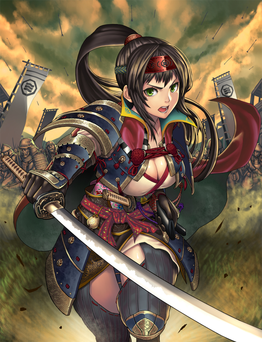 1girl armor army arrow_(projectile) banner battle black_gloves breasts brown_hair charging_forward cleavage full_armor gloves green_eyes headband helm helmet high_ponytail highres holding holding_sword holding_weapon japanese_armor kabuto_(helmet) kasen_(kasenjiki) katana kote kusazuri large_breasts long_hair mask nobori open_mouth orange_sky ponytail samurai scabbard sengoku_taisen sheath shoulder_armor sky sode soldier solo_focus sword thighhighs tsuruhime war weapon