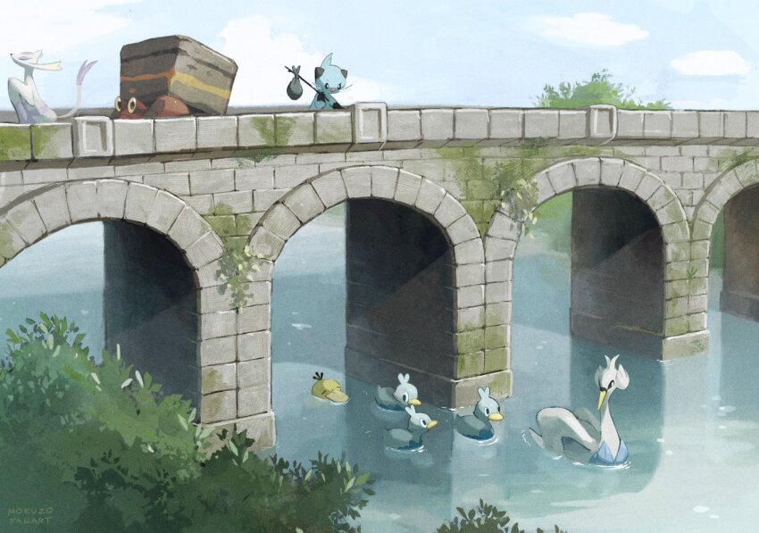 afloat artist_name bag bindle black_eyes blue_sky bridge bright_pupils closed_eyes cloud crustle day dewott ducklett game_freak gen_1_pokemon gen_5_pokemon highres looking_at_another looking_down mienshao mokuzou_(moku_ssbu) moss nintendo no_humans outdoors pokemon pokemon_(creature) psyduck river scenery sky swanna tree v-shaped_eyebrows water watermark white_pupils