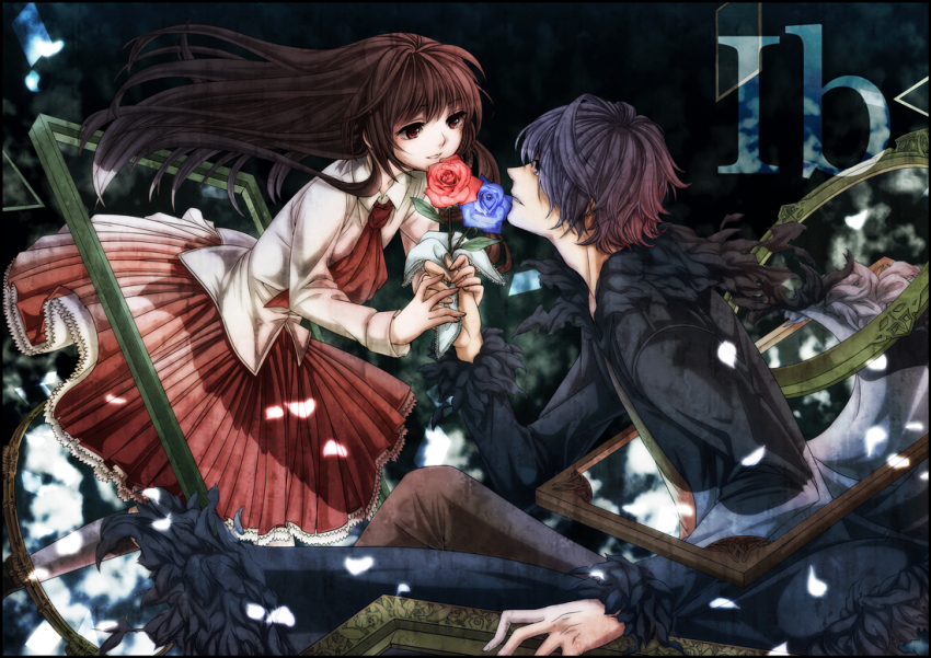 1boy 1girl blue_eyes blue_flower blue_rose brown_hair copyright_name dress flower garry_(ib) handkerchief ib_(ib) ib_(kouri) light_purple_hair long_hair olmatown petals picture_frame red_eyes red_flower red_rose rose short_hair smile