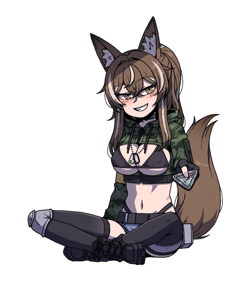 animal_ears armband black_choker blush boots breasts brown_hair callisto_(greyeth) choker commission dog_tags fox_ears fox_girl fox_tail gloves highres incoming_gift karepack knee_pads looking_at_viewer multicolored_hair original patch pouch shrug_(clothing) single_knee_pad spacex spacex_starship streaked_hair tail thigh_pouch thighhighs yellow_armband