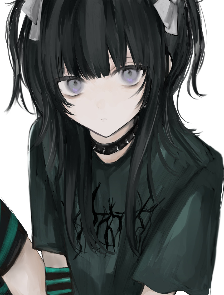 1girl absurdres black_hair blunt_bangs collar dot_nose green_shirt grey_eyes hair_ribbon heavy_metal highres kanau_(u_u_zzx) looking_at_viewer original ribbon shirt simple_background socks solo spiked_collar spikes striped_arm_warmers striped_clothes striped_socks t-shirt twintails white_background white_ribbon
