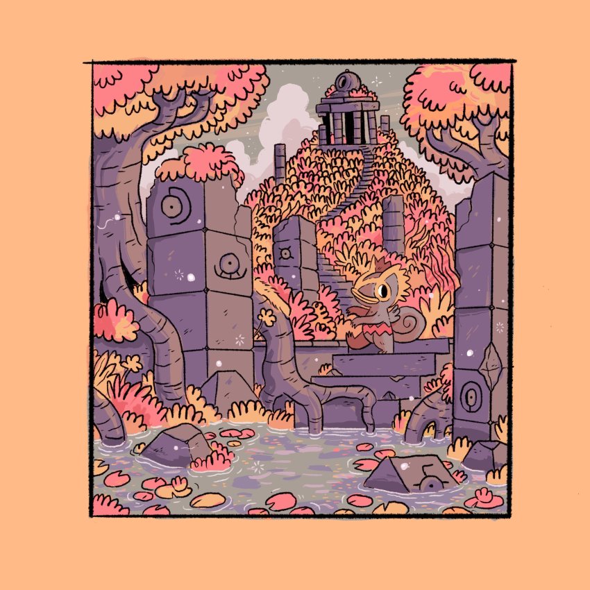 chameleon chameleon_tail cloud cloudy_sky gen_2_pokemon gen_3_pokemon highres kecleon leaf lily_pad maple_leaf nintendo pokemon pokemon_(creature) reptile rock ruins scales sky stairs structure tail thetimecowboy tree unown walking