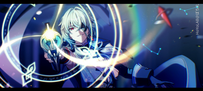 1boy anaxa_(honkai:_star_rail) aqua_eyes aqua_hair black_gloves earrings eyepatch firing gloves gun highres holding holding_gun holding_weapon honkai:_star_rail honkai_(series) jewelry long_sleeves male_focus pochimaru_(marumaru_wanwan) red_pupils shirt short_hair smile solo weapon