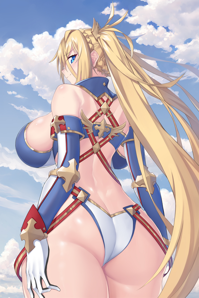 1girl ass back bare_shoulders bikini blonde_hair blue_bikini blue_eyes blue_gloves blue_sky blush bradamante_(fate) bradamante_(second_ascension)_(fate) bradamante_(third_ascension)_(fate) braid breasts butt_crack crown_braid elbow_gloves fate/grand_order fate_(series) gloves gold_trim highleg highleg_bikini highres large_breasts long_hair looking_at_viewer looking_back mrnn multicolored_bikini sideboob sky smile solo swimsuit thighs twintails two-tone_bikini two-tone_gloves very_long_hair white_bikini white_gloves