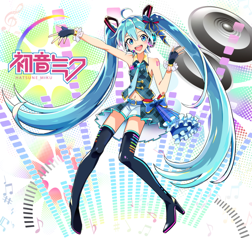 1girl :d ahoge alternate_costume aqua_eyes aqua_hair black_boots black_gloves blue_necktie boots character_name commentary fingerless_gloves full_body gloves hair_between_eyes hatsune_miku highres long_hair looking_at_viewer midriff navel necktie okken open_mouth outstretched_arm pleated_skirt shirt skirt sleeveless sleeveless_shirt smile solo thigh_boots twintails very_long_hair vocaloid