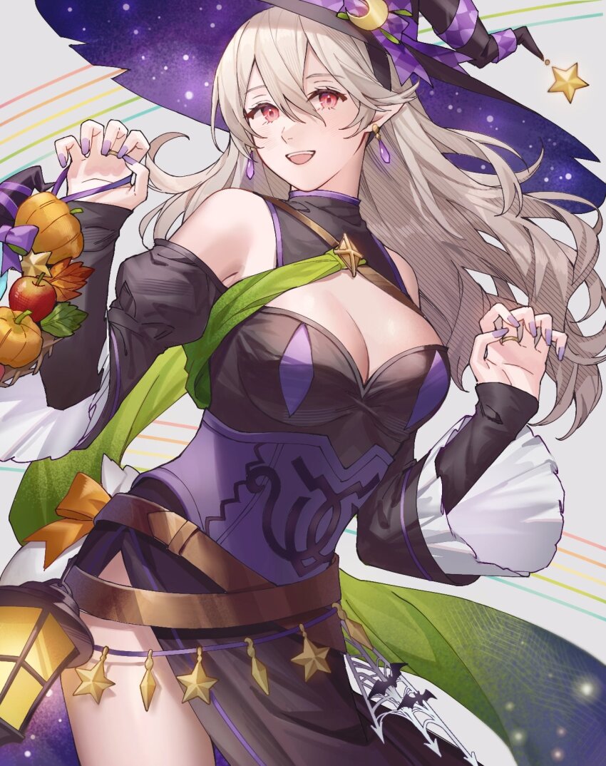 1girl ai_tkkm belt black_dress black_hairband breasts brown_belt cleavage commentary_request corrin_(female)_(fire_emblem) corrin_(female)_(halloween)_(fire_emblem) crossed_belts detached_sleeves dress earrings fingernails fire_emblem fire_emblem_fates fire_emblem_heroes floating_hair grey_background grey_hair hair_between_eyes hairband halloween halloween_costume hat highres jewelry long_hair looking_at_viewer medium_breasts nintendo official_alternate_costume open_mouth pointy_ears purple_nails red_eyes smile solo teeth upper_teeth_only wavy_hair witch witch_hat