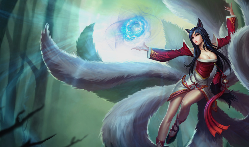 1girl ahri_(league_of_legends) animal_ears black_hair breasts cleavage detached_sleeves female_focus fox fox_ears fox_tail fur kienan_lafferty kitsune kyuubi large_breasts league_of_legends long_hair magic moon multiple_tails official_art solo tail