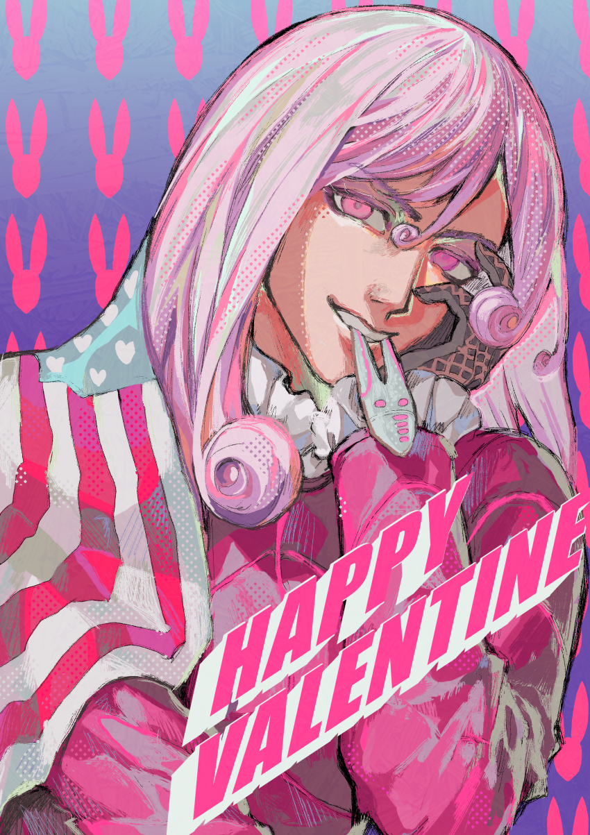 1boy absurdres american_flag argyle_clothes argyle_gloves coat curly_hair dirty_deeds_done_dirt_cheap english_text eyelashes funny_valentine gloves highres jojo_no_kimyou_na_bouken kono_tt_da long_hair male_focus pink_coat pink_eyes pink_hair rabbit silhouette solo steel_ball_run teeth