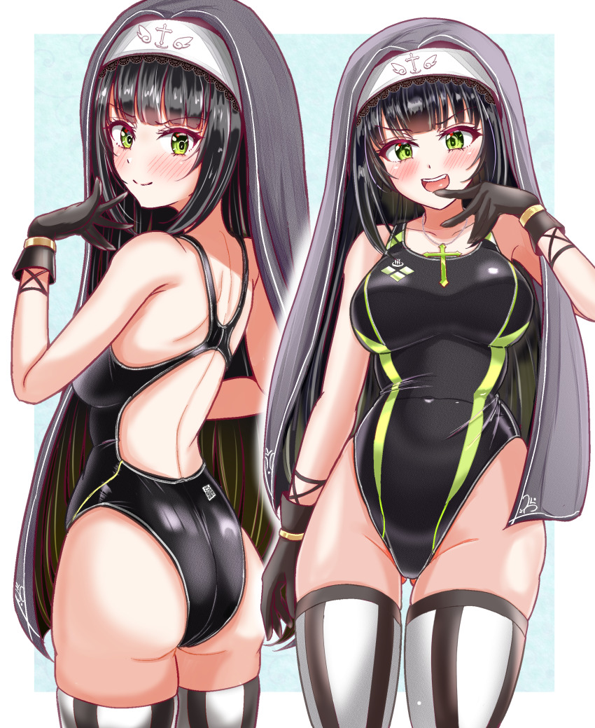 1girl absurdres arena_(company) ass black_gloves black_hair black_one-piece_swimsuit blunt_bangs breasts charomi coif competition_swimsuit gloves green_eyes highres hirado_motoe large_breasts long_hair looking_at_viewer multiple_views nun one-piece_swimsuit onsen_musume racerback striped_clothes striped_thighhighs swimsuit thighhighs upper_body veil white_thighhighs