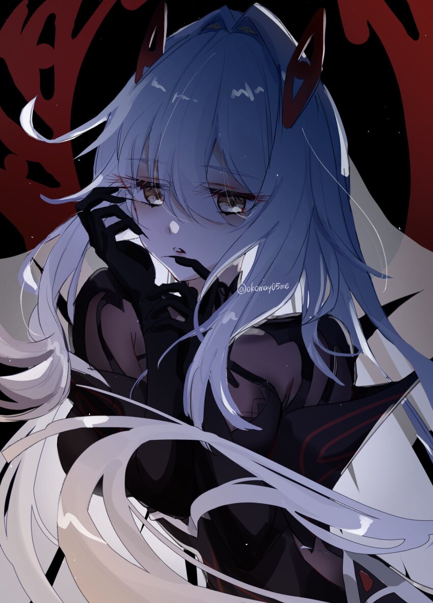 1girl absurdres black_dress black_gloves bodystocking dark_background detached_sleeves dress eye_hair_ornament eye_symbol genshin_impact gloves hair_between_eyes hair_intakes hair_ornament highres komay_(okomay05me) long_hair loose_hair_strand messy_hair red_wings ronova_(genshin_impact) side_ahoge symbol-shaped_pupils very_long_hair white_hair wings yellow_eyes