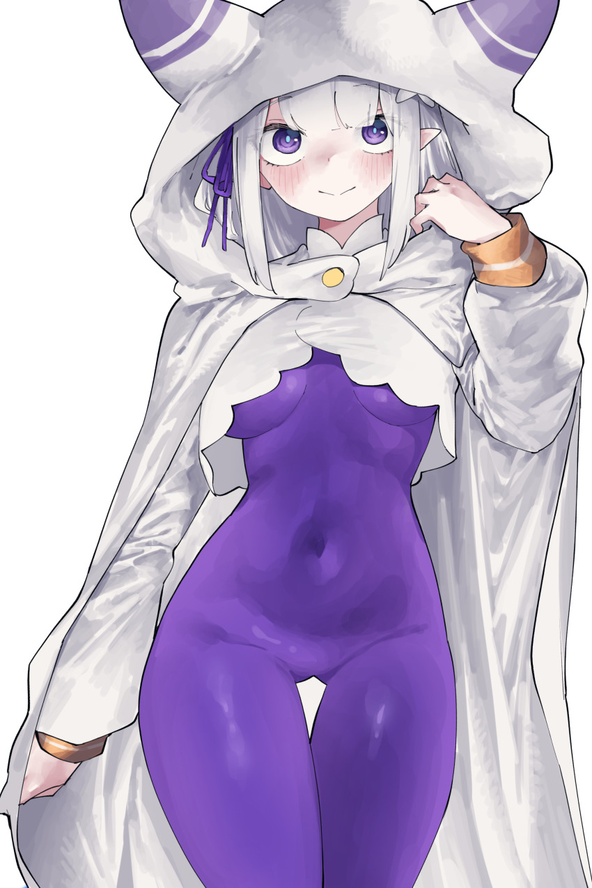 1girl absurdres blush bodysuit breasts cloak collarbone covered_navel cowboy_shot emilia_(re:zero) flower gluteal_fold grey_hair hair_flower hair_ornament hair_ribbon highres hood hood_up hooded_cloak long_hair looking_at_viewer medium_breasts pointy_ears purple_eyes re:zero_kara_hajimeru_isekai_seikatsu ribbon shrug_(clothing) smile solo standing thigh_gap vivo_(vivo_sun_0222) white_cloak white_hair