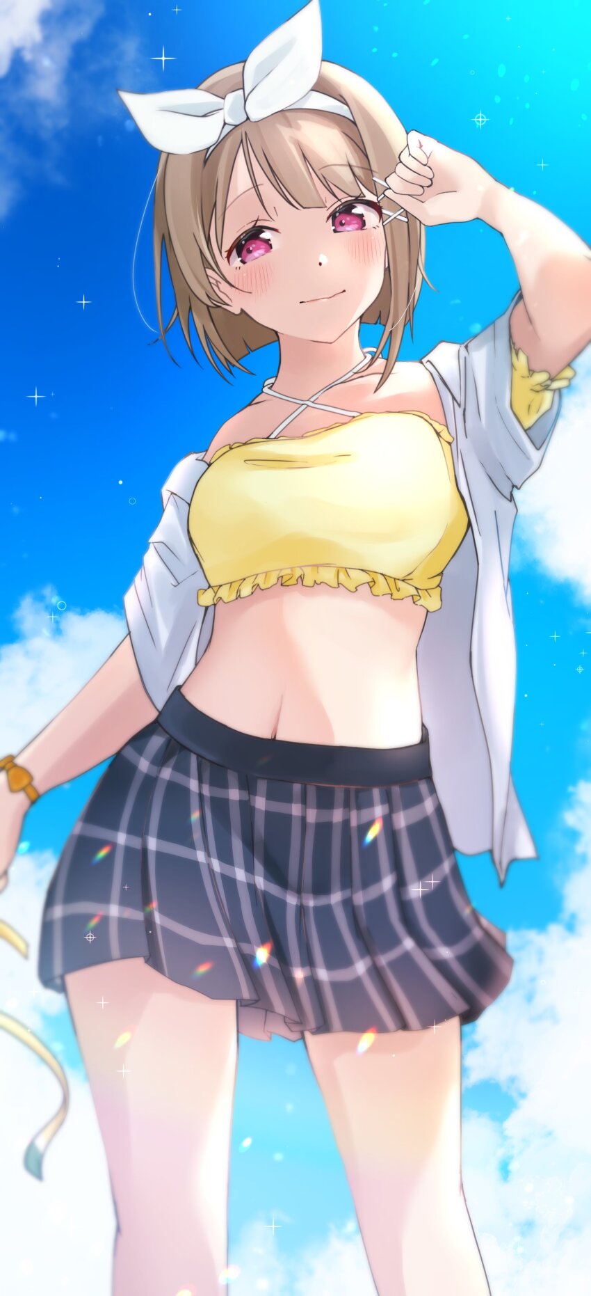 1girl absurdres bikini blue_skirt blue_sky blush closed_mouth commentary_request grey_hair hairband hand_up highres holding holding_ribbon looking_at_viewer love_live! love_live!_nijigasaki_high_school_idol_club midriff nakasu_kasumi navel nyako_(utaneko31) open_clothes open_shirt plaid_clothes plaid_skirt purple_eyes ribbon shirt short_hair skirt sky solo standing swept_bangs swimsuit upper_body white_hairband white_shirt yellow_bikini yellow_ribbon