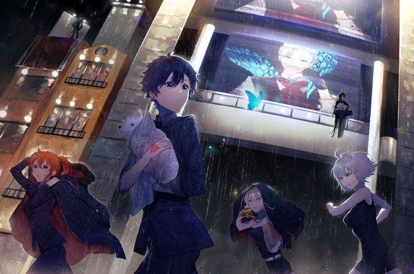3girls 4boys absurdres ahoge alternate_costume animal artoria_pendragon_(fate) bare_shoulders black_coat black_hair blonde_hair blue_eyes breasts building burger cavall_ii_(fate) coat dog edmond_dantes_(fate) fate/grand_order fate_(series) food formal_clothes fujimaru_ritsuka_(female) fujimaru_ritsuka_(male) hair_between_eyes hairband highres holding holding_animal holding_dog holding_food james_moriarty_(archer)_(fate) jeanne_d&#039;arc_(fate) jeanne_d&#039;arc_alter_(avenger)_(fate) jeanne_d&#039;arc_alter_(fate) looking_back multiple_boys multiple_girls necktie orange_eyes orange_hair pixiv_fate/grand_order_contest_2 rain running saber_alter saber_alter_(ver._shinjuku_1999) screen shinjuku_(tokyo) shirt short_hair side_ponytail silver_hair sitting sleeveless sleeveless_shirt standing stomach suit tokyo_(city) tuze111 yan_qing_(fate)