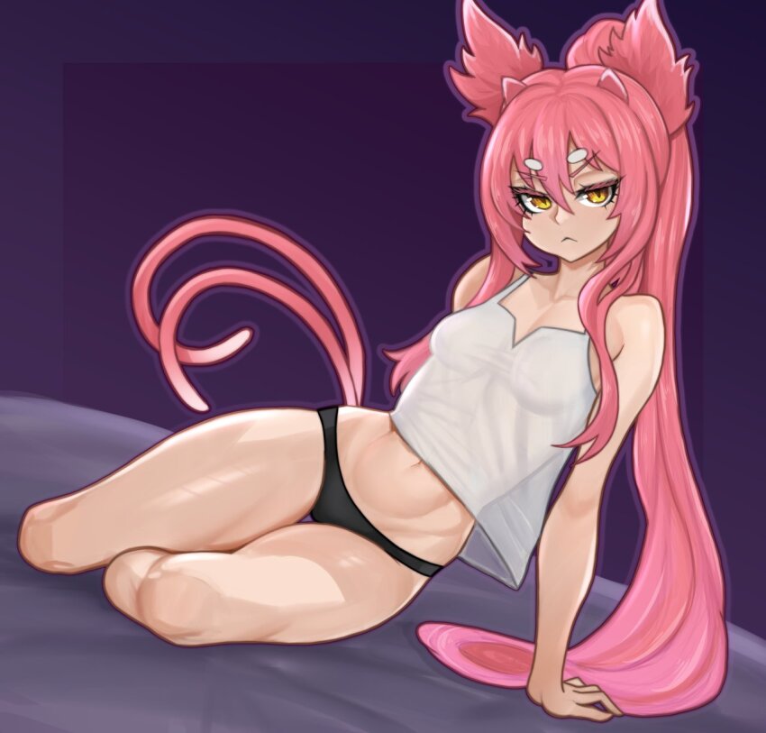 1girl 2025 animal_ear_fluff animal_ears arc_system_works arm_support arms_behind_back artist_name ass bare_legs bare_shoulders black_panties blazblue blush breasts cat_ears cat_girl cat_tail closed_mouth commentary crop_top english_commentary eyebrows_hidden_by_hair facial_mark feet_out_of_frame female_focus forehead_mark frown glasses gluteal_fold hair_between_eyes hair_over_shoulder hairdressing half-closed_eyes head_tilt highres implied_extra_ears indoors kokonoe_(blazblue) large_breasts long_hair looking_at_viewer midriff multiple_tails narrow_waist navel nerosynt nipples on_bed outstretched_leg panties panty_pull pince-nez pink_hair ponytail purple_background see-through_clothes serious shirt sidelocks simple_background sitting slit_pupils small_breasts soles solo spread_fingers straight_hair tail taut_clothes teeth thick_thighs thighs tsurime underwear v-shaped_eyebrows very_long_hair white_background white_shirt wide_hips yellow_eyes yokozuwari