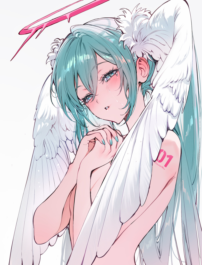1girl absurdres angel_wings aqua_hair aqua_nails arm_tattoo blush commentary_request completely_nude crying crying_with_eyes_open ear_blush feathered_wings halo hatsune_miku head_wings highres long_hair looking_at_viewer nail_polish nude number_tattoo open_mouth own_hands_clasped own_hands_together parted_lips qiandaiyiyu sidelocks simple_background solo tattoo tears twintails upper_body very_long_hair vocaloid white_background wings