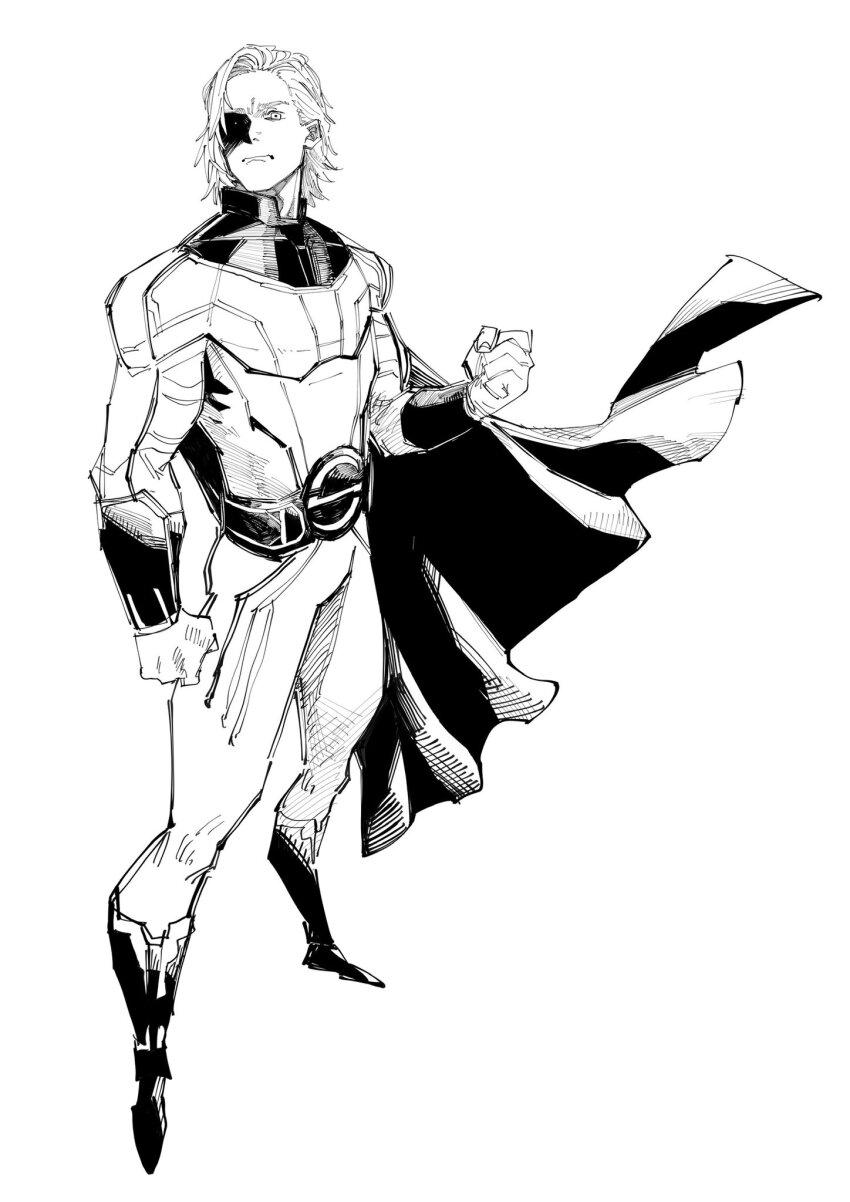 1boy animification bodysuit cape closed_mouth highres long_sleeves looking_at_viewer marvel marvel_cinematic_universe monochrome sentry_(marvel) short_hair simple_background superebiseeeen superhero_costume thunderbolts_(movie) white_background