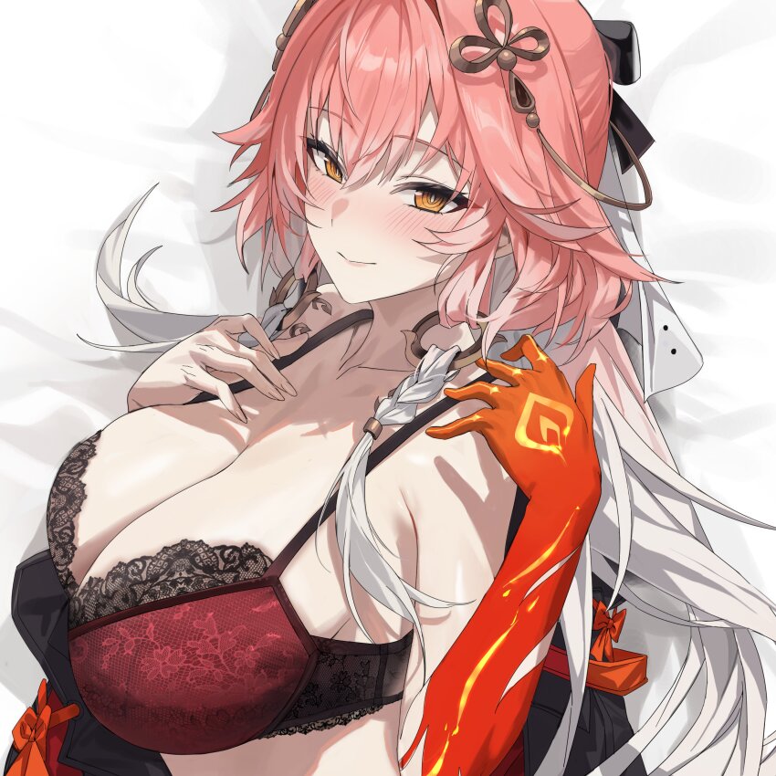1girl absurdres bankongping bare_shoulders black_bow blush body_markings bow bra braid breasts bright_pupils changli_(wuthering_waves) cleavage closed_mouth collarbone colored_extremities commentary_request cropped hair_between_eyes hair_bow hair_extensions hair_ornament hand_up highres large_breasts looking_at_viewer multicolored_hair orange_eyes pink_hair red_bra red_hands ring_hair_extensions second-party_source smile solo twin_braids two-tone_hair underwear upper_body white_hair white_pupils wuthering_waves