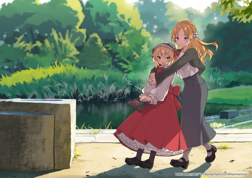 2girls :d bag black_jacket black_shoes blonde_hair braid closed_mouth commentary copyright_name copyright_notice day dress fragments_of_the_idolmaster_cinderella_girls frilled_dress frilled_sleeves frills full_body grass green_eyes grey_skirt hairband highres holding holding_bag hug hug_from_behind idolmaster idolmaster_cinderella_girls jacket kamiyoshi_rika kiryu_tsukasa_(idolmaster) lake lolita_fashion lolita_hairband long_hair long_skirt long_sleeves looking_at_viewer multiple_girls official_art open_mouth outdoors puffy_long_sleeves puffy_sleeves purple_eyes real_world_location red_dress sakurai_momoka shirt shoes short_hair skirt smile standing symbol-only_commentary tree white_shirt