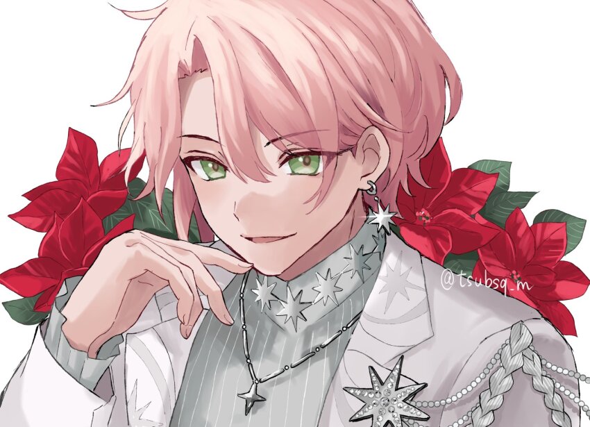 bishounen commentary earrings eyelashes flower green_eyes hair_between_eyes holostars jewelry long_sleeves looking_at_viewer male_focus mioto_(tsubsq_m) necklace open_mouth pink_hair portrait red_flower rikka_(holostars) shirt short_hair side_part single_earring smile solo sparkle star_(symbol) twitter_username virtual_youtuber white_background