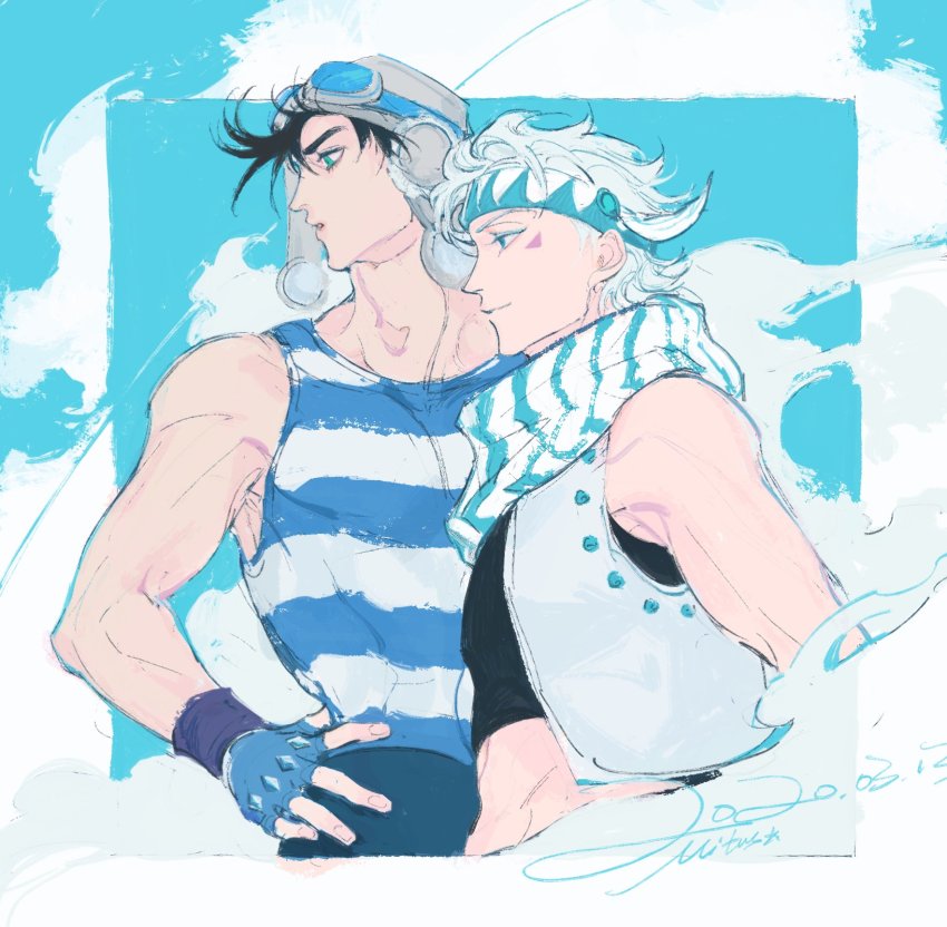2boys aviator_cap bare_shoulders battle_tendency black_hair blue_eyes caesar_anthonio_zeppeli cloud crop_top cropped_vest facial_mark feather_hair_ornament feathers fingerless_gloves gloves goggles goggles_on_headwear hair_ornament hands_on_own_hips headband highres jojo_no_kimyou_na_bouken joseph_joestar joseph_joestar_(young) male_focus midriff mitus multiple_boys no_undershirt official_alternate_costume scarf shirt sky striped_clothes striped_scarf striped_shirt tank_top triangle_print vest white_hair