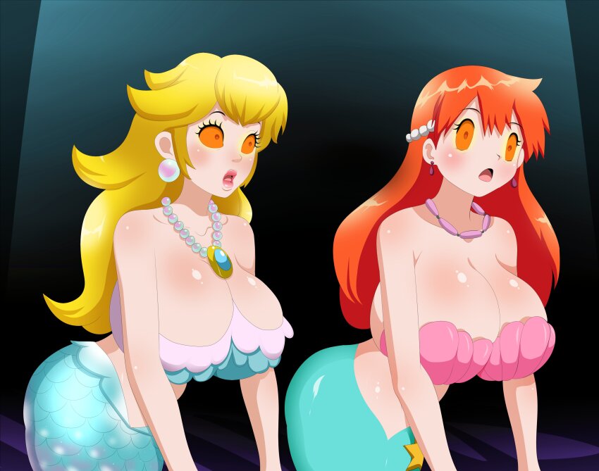 2girls absurdres bikini blonde_hair blue_tail breasts clam cleavage crossover earrings edjim female_focus gen_1_pokemon hair_ornament highres huge_breasts hypnosis jewelry large_breasts long_hair looking_at_viewer mario_(series) mermaid mermaid_costume mermaid_misty_(pokemon) mermaid_peach mind_control misty_(pokemon) monofin monster_girl multiple_girls navel necklace nintendo pokemon pokemon_(anime) pokemon_(classic_anime) princess_peach princess_peach:_showtime! red_hair seashell shell shell_bikini smile star_(symbol) swimsuit