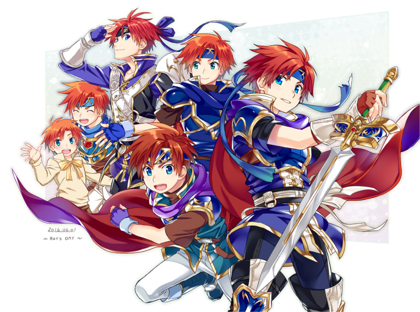 2016 6+boys armor blue_armor blue_eyes blue_headband character_name child dated fire_emblem fire_emblem:_the_binding_blade fire_emblem:_the_blazing_blade fire_emblem_awakening gold_trim headband male_focus multiple_boys nintendo red_hair roy_(fire_emblem) shirt super_smash_bros. sword weapon white_background white_shirt yuki_(sumaburalove)