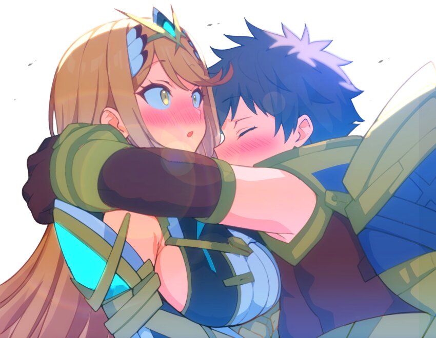 1boy 1girl black_hair blonde_hair blush core_crystal_(xenoblade) couple gem highres hug husband_and_wife kakk_e mythra_(xenoblade) rex_(xenoblade) simple_background tiara xenoblade_chronicles_(series) xenoblade_chronicles_2 yellow_eyes