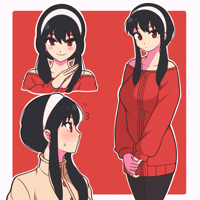1girl absurdres bare_shoulders black_hair black_pantyhose blush blush_stickers border brown_coat closed_mouth coat collarbone commentary dress hairband highres jeff_miga long_hair long_sleeves multiple_views off-shoulder_sweater off_shoulder outline outside_border own_hands_together pantyhose profile red_background red_eyes red_sweater sidelocks smile spy_x_family standing sweat sweater sweater_dress v_arms white_border white_hairband white_outline yor_briar