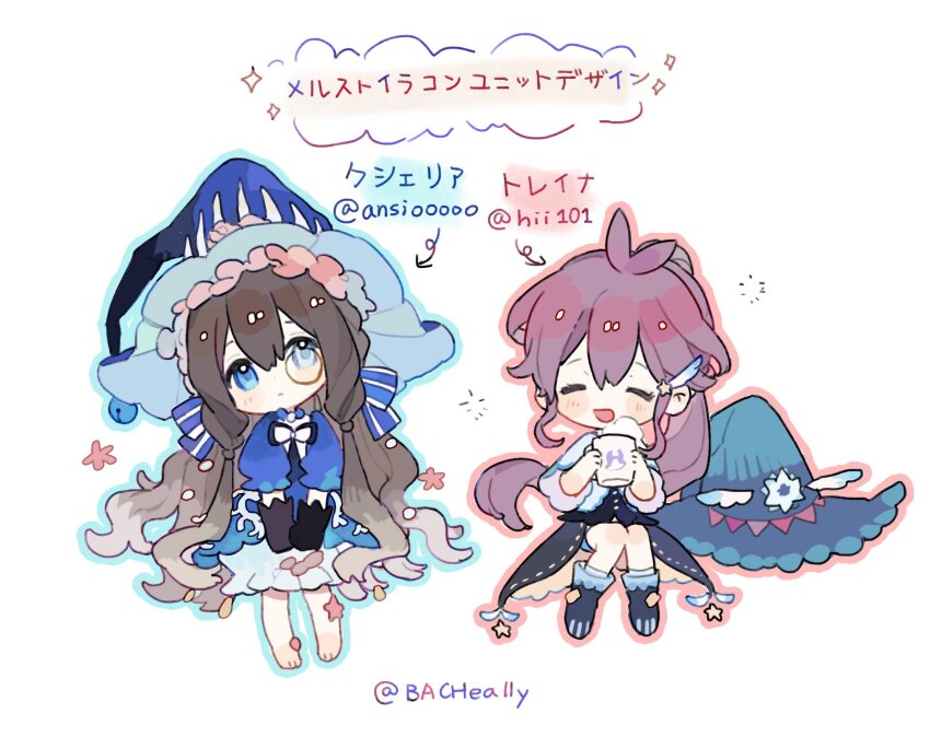 2girls :d ^_^ ankle_garter artist_name bacheally barefoot black_dress black_footwear black_gloves black_skirt blue_bow blue_bowtie blue_dress blue_eyes blue_footwear blue_hat blue_ribbon blue_shirt blue_socks blush blush_stickers bow bowtie braid brown_hair chibi closed_eyes closed_mouth cup dress flower frilled_dress frilled_hat frilled_sleeves frills full_body gloves hair_between_eyes hair_bow hair_ornament hair_ribbon hat hat_bow heterochromia high_ponytail highres holding holding_cup invisible_chair long_hair long_sleeves looking_at_viewer monocle mug multicolored_hair multiple_girls open_mouth original outline pink_hair ponytail puffy_long_sleeves puffy_short_sleeves puffy_sleeves purple_hair ribbon round_eyewear shirt shoes short_sleeves sidelocks simple_background sitting skirt smile socks sparkle twitter_username unworn_hat unworn_headwear very_long_hair wavy_hair white_background white_bow white_bowtie white_outline white_shirt white_socks witch witch_hat