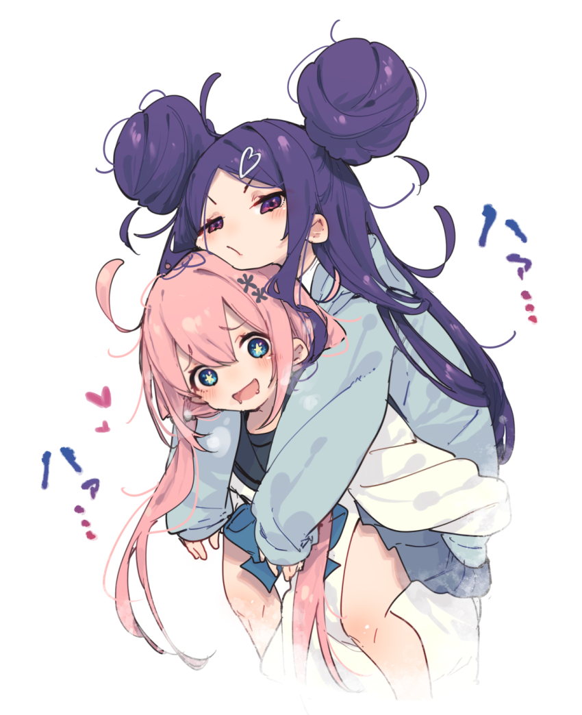 2girls ahoge black_sailor_collar blue_bow blue_bowtie blue_eyes blush bow bowtie carrying carrying_person chin_rest commentary_request double-parted_bangs double_bun drooling grey_hoodie grey_skirt hair_bun hair_ornament hairclip hamayumiba_sou head_on_head head_rest heart heart_hair_ornament heavy_breathing highres hood hoodie long_hair long_sleeves looking_at_viewer loose_hair_strand low_twintails miniskirt multiple_girls ochikobore_fruit_tart parted_bangs piggyback pink_hair pleated_skirt purple_eyes purple_hair sailor_collar sakura_ino school_uniform sekino_roko serafuku side_up_bun simple_background skirt sleeves_past_wrists star-shaped_pupils star_(symbol) sweater symbol-shaped_pupils twintails v-shaped_eyebrows vignetting white_background white_sweater